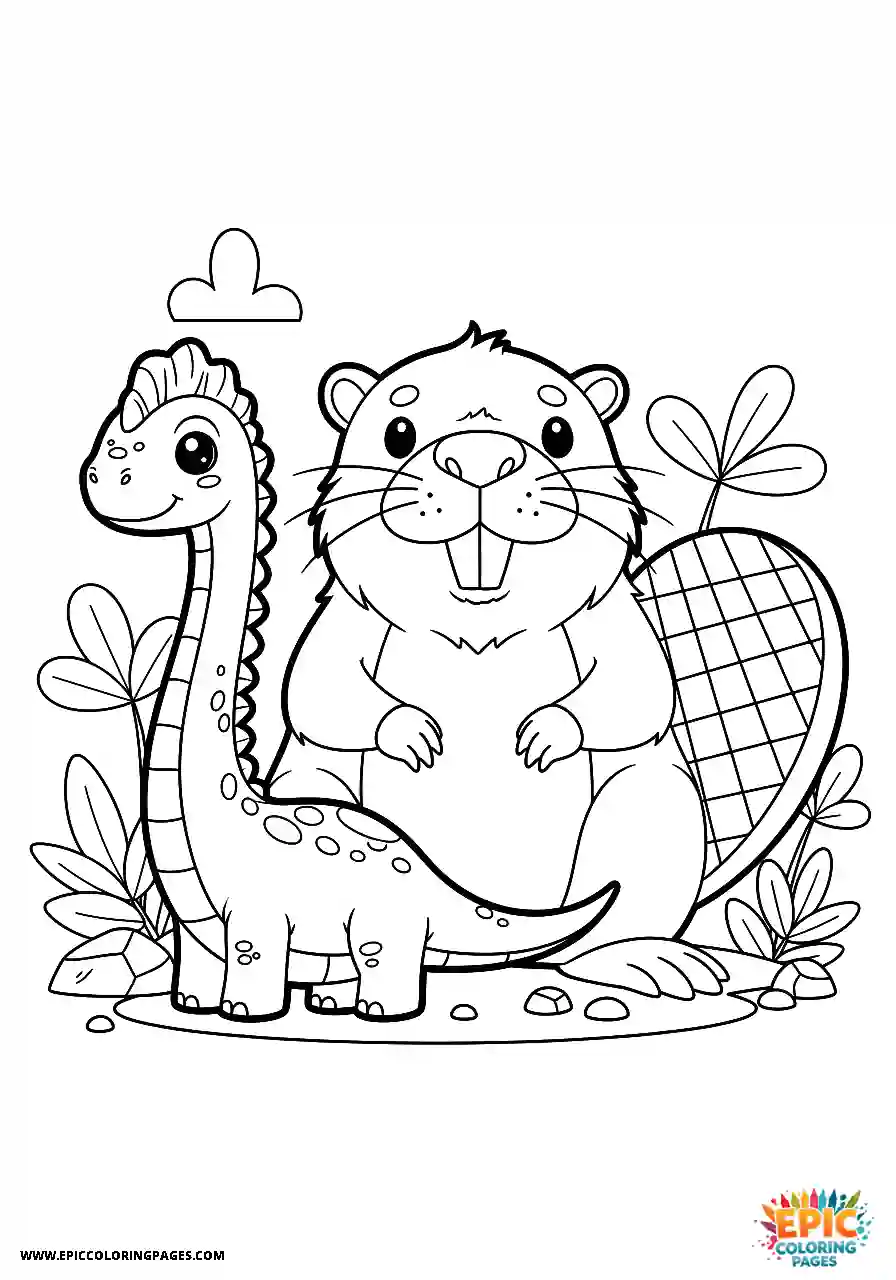 Diplodocus cute diplodocus kawaii style standing next to a giant prehistoric beaver