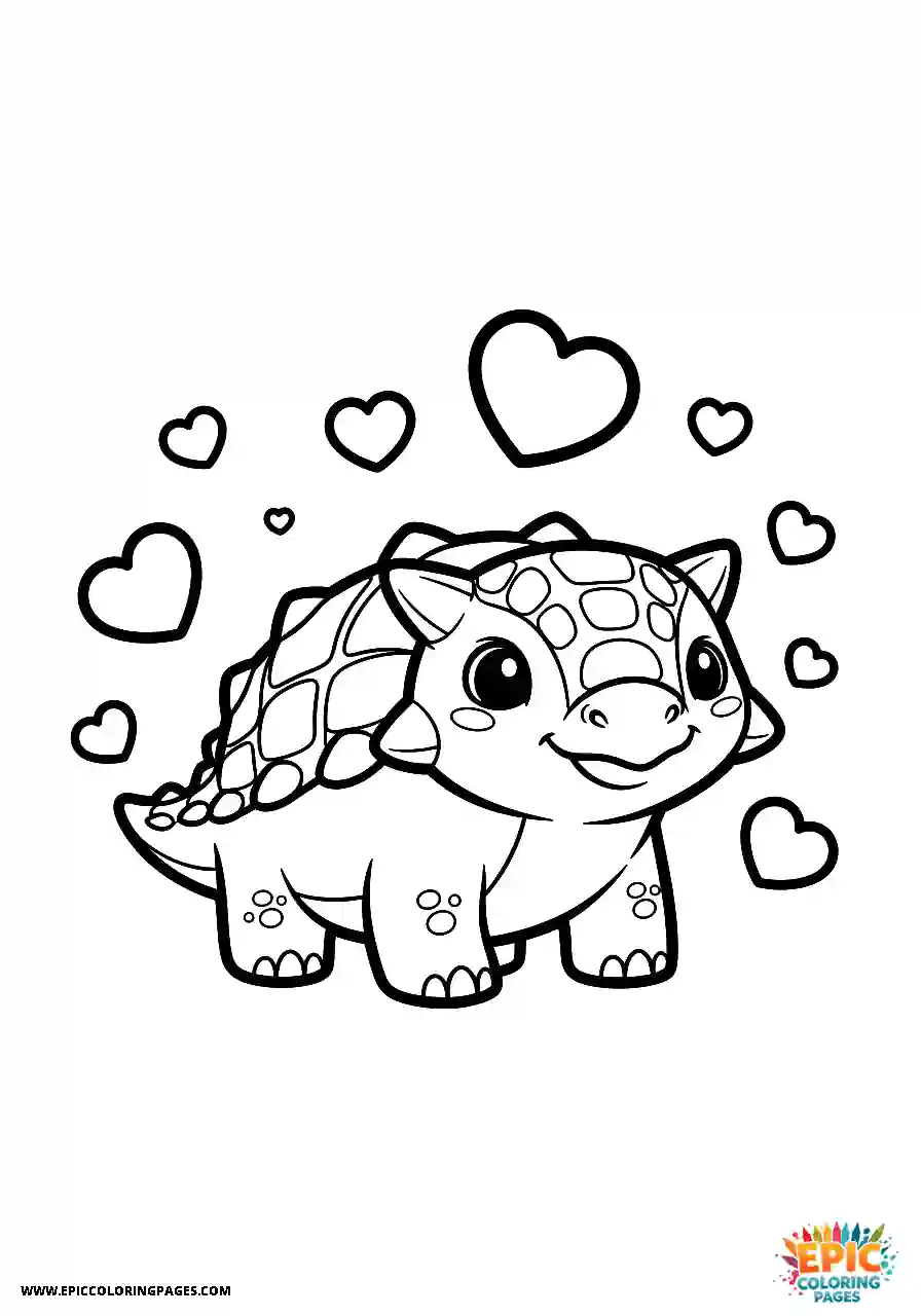 Ankylosaurus Cute Kawaii style Ankylosaurus dinosaur surrounded by tiny chicks with thick lines