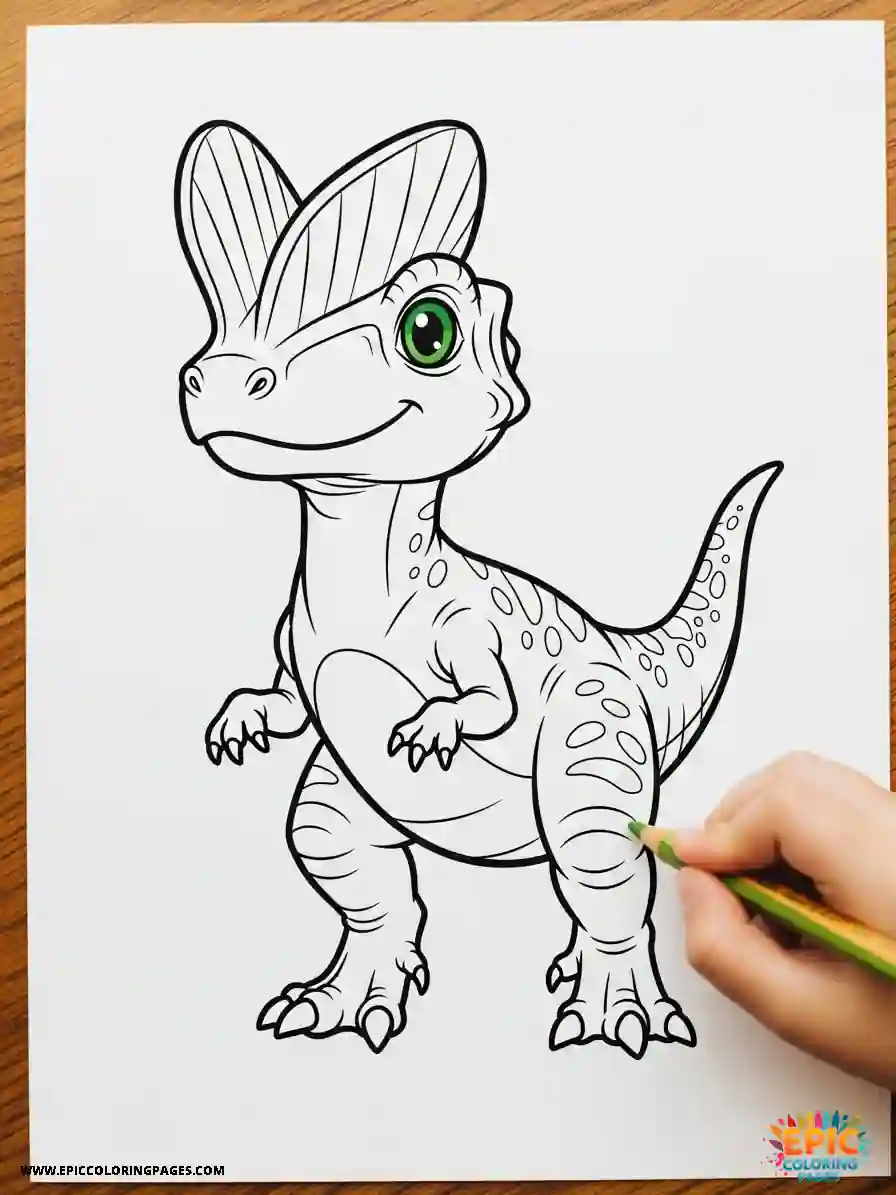 Dilophosaurus coloring page with thick lines featuring the dinosaur's distinctive double crests and neck frill
