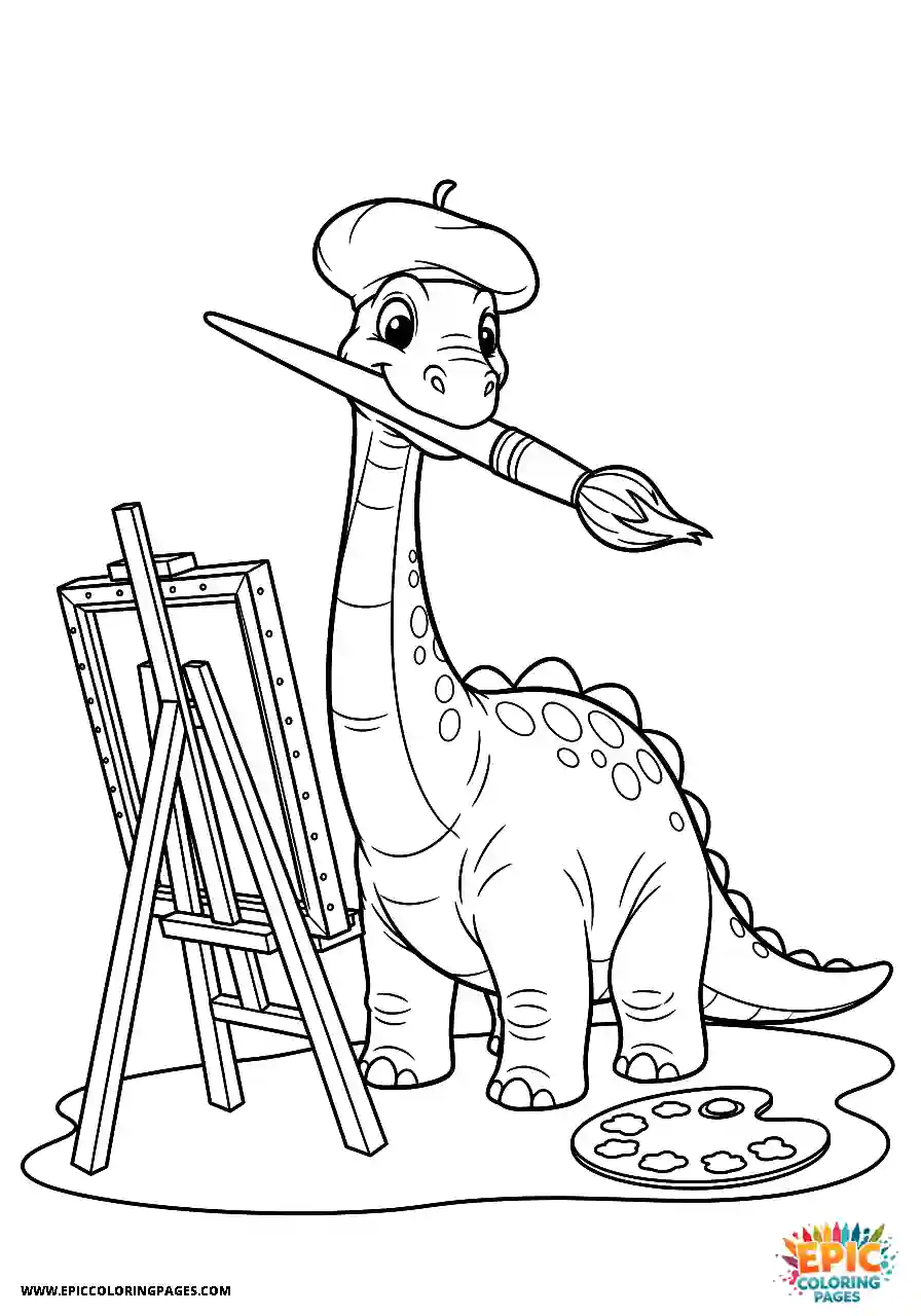 Diplodocus diplodocus cartoon style dressed as a painter with an easel
