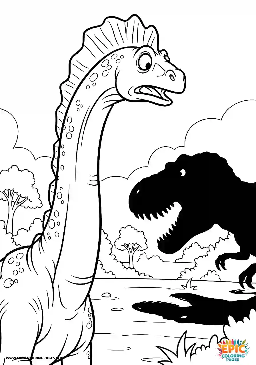 Diplodocus diplodocus cartoon style looking scared of a t rex shadow