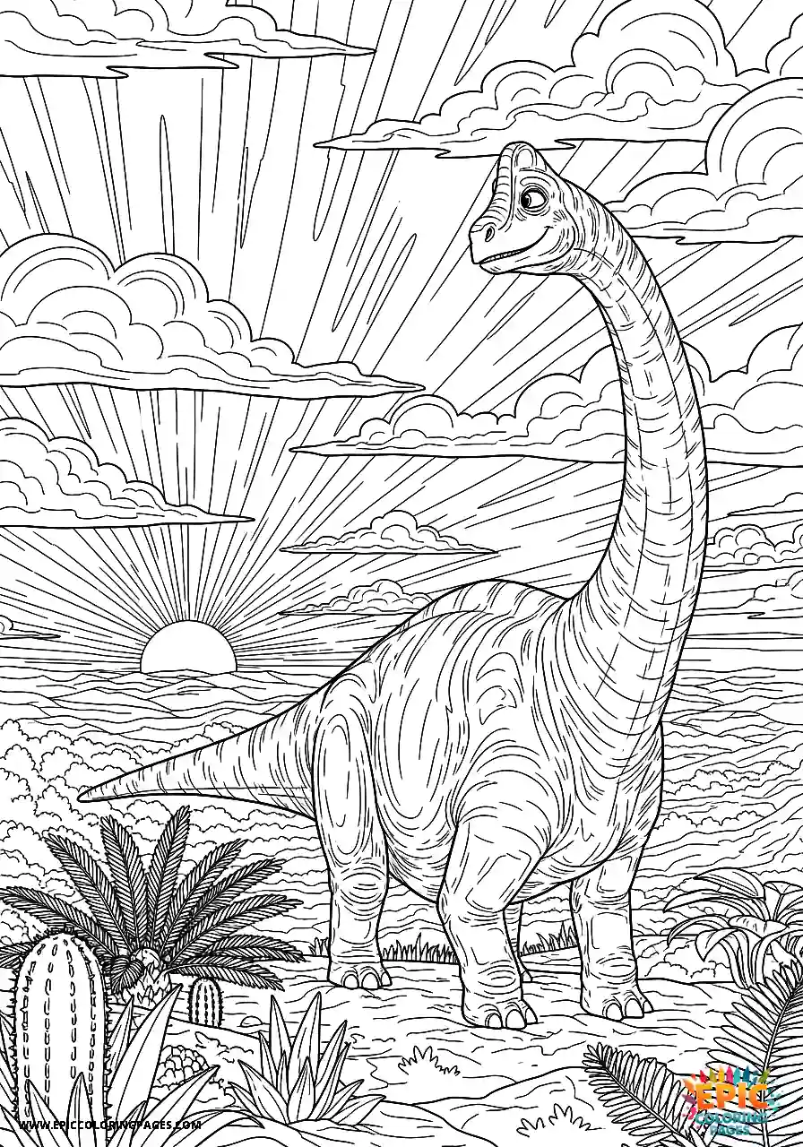 Diplodocus diplodocus cartoon style watching a beautiful sunrise on the horizon