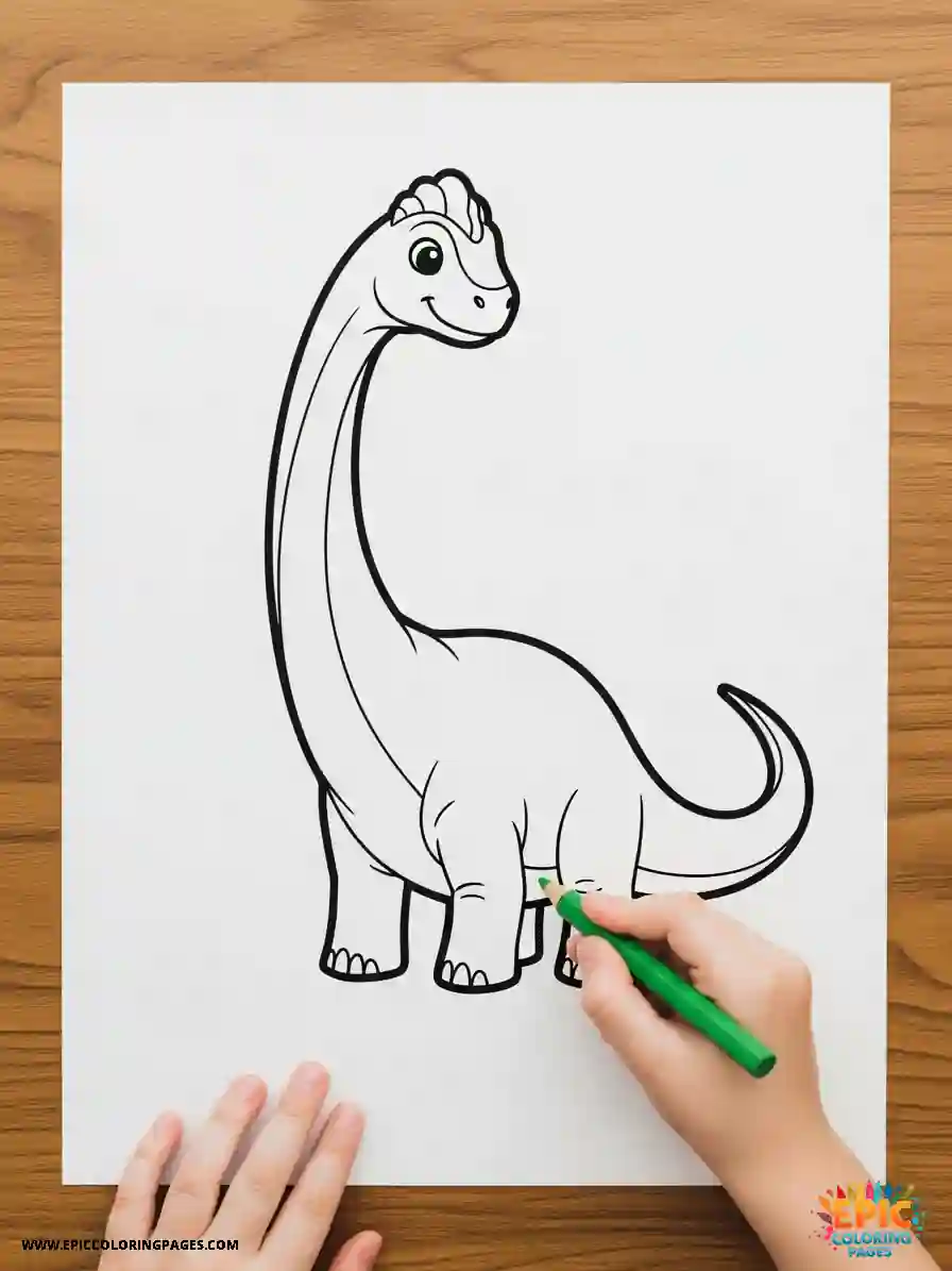 Diplodocus coloring page featuring a friendly long-necked dinosaur with thick black outlines