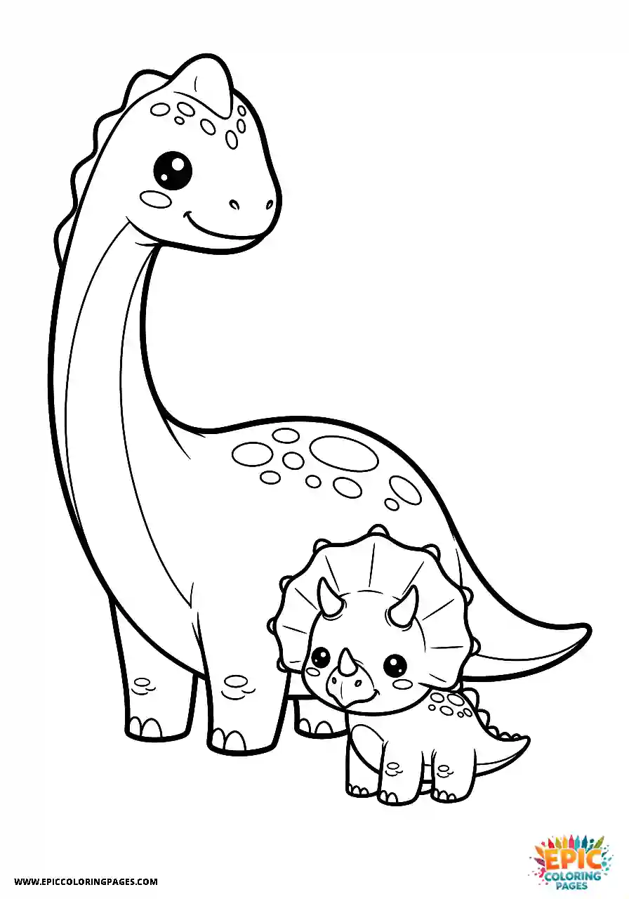 Diplodocus diplodocus gently playing with a small baby triceratops