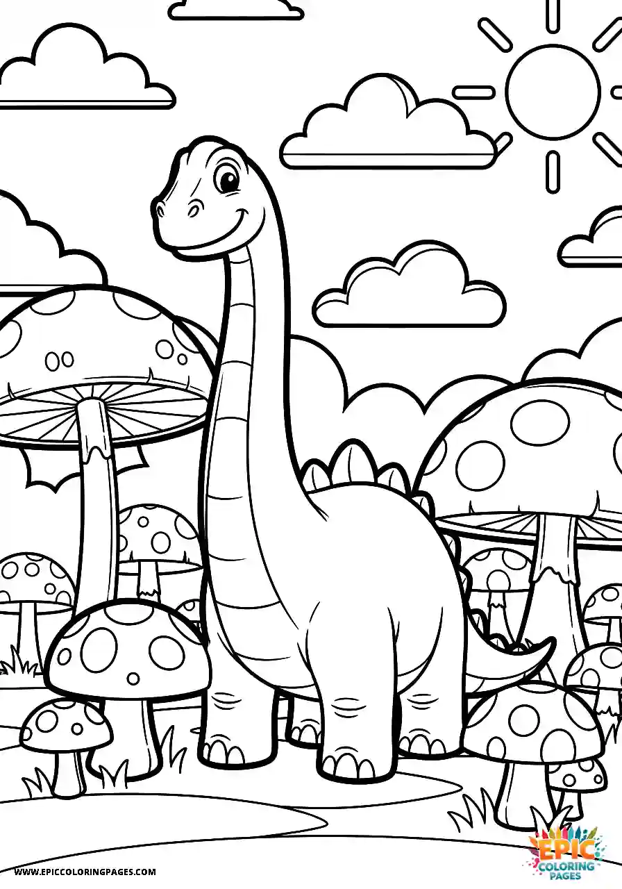 Diplodocus diplodocus wandering through a field of oversized mushrooms