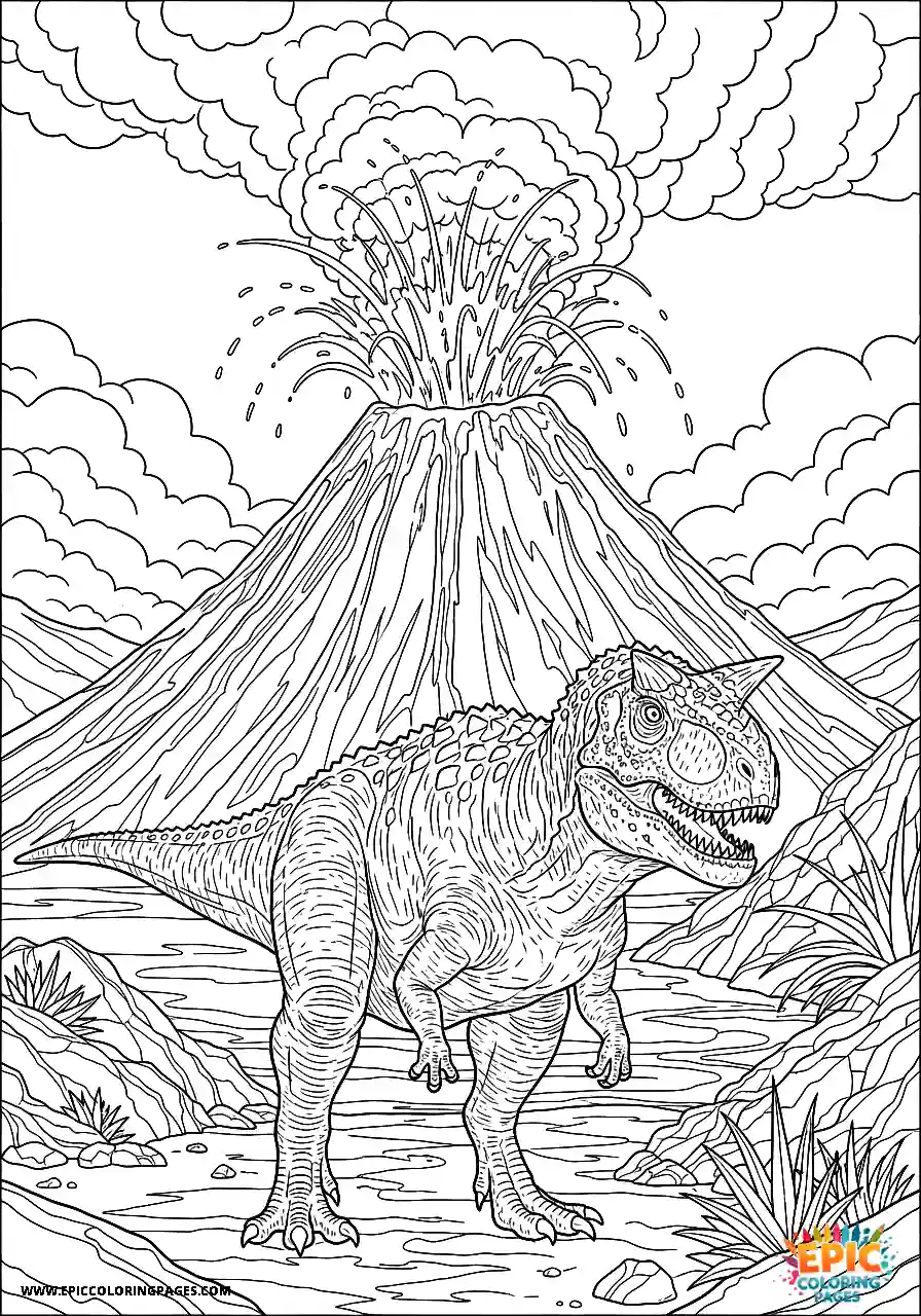 Dramatic carnotaurus dinosaur scene near an erupting volcano free printable bold line