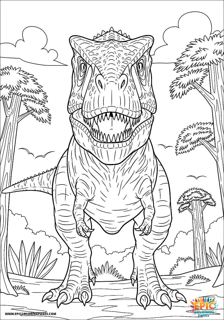 Dramatic low angle view of a carnotaurus dinosaur coloring sheet for kids
