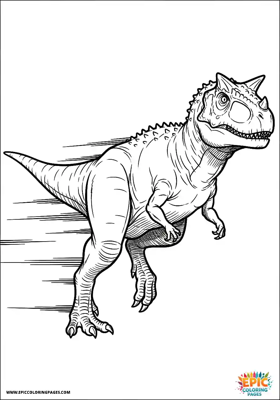 Dynamic manga style carnotaurus dinosaur running forward coloring sheet