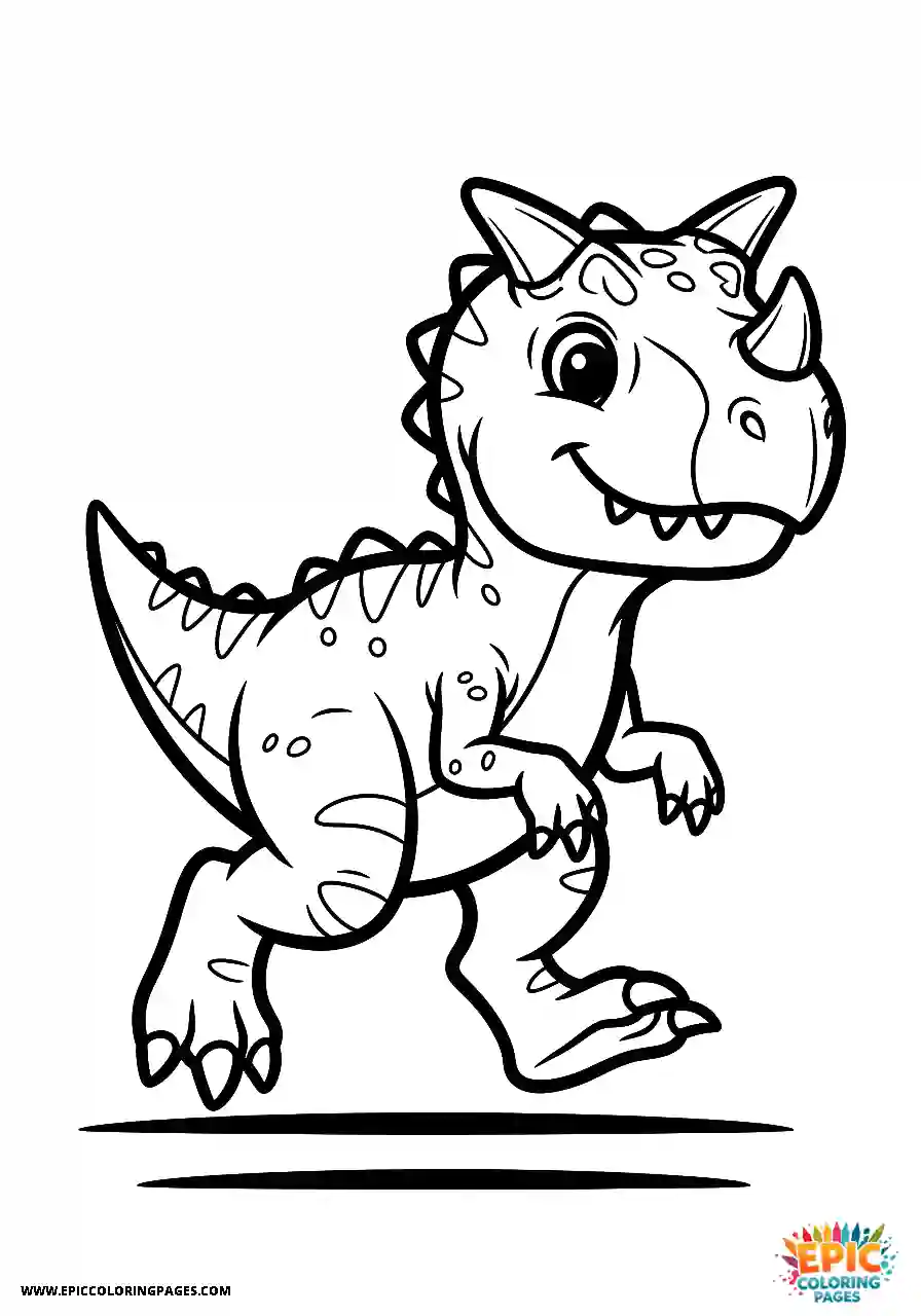 Easy carnotaurus dinosaur running forward with thick outlines coloring sheet