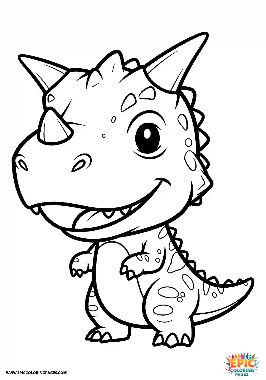 Easy chibi style carnotaurus dinosaur in a playful mood with bold lines coloring sheet