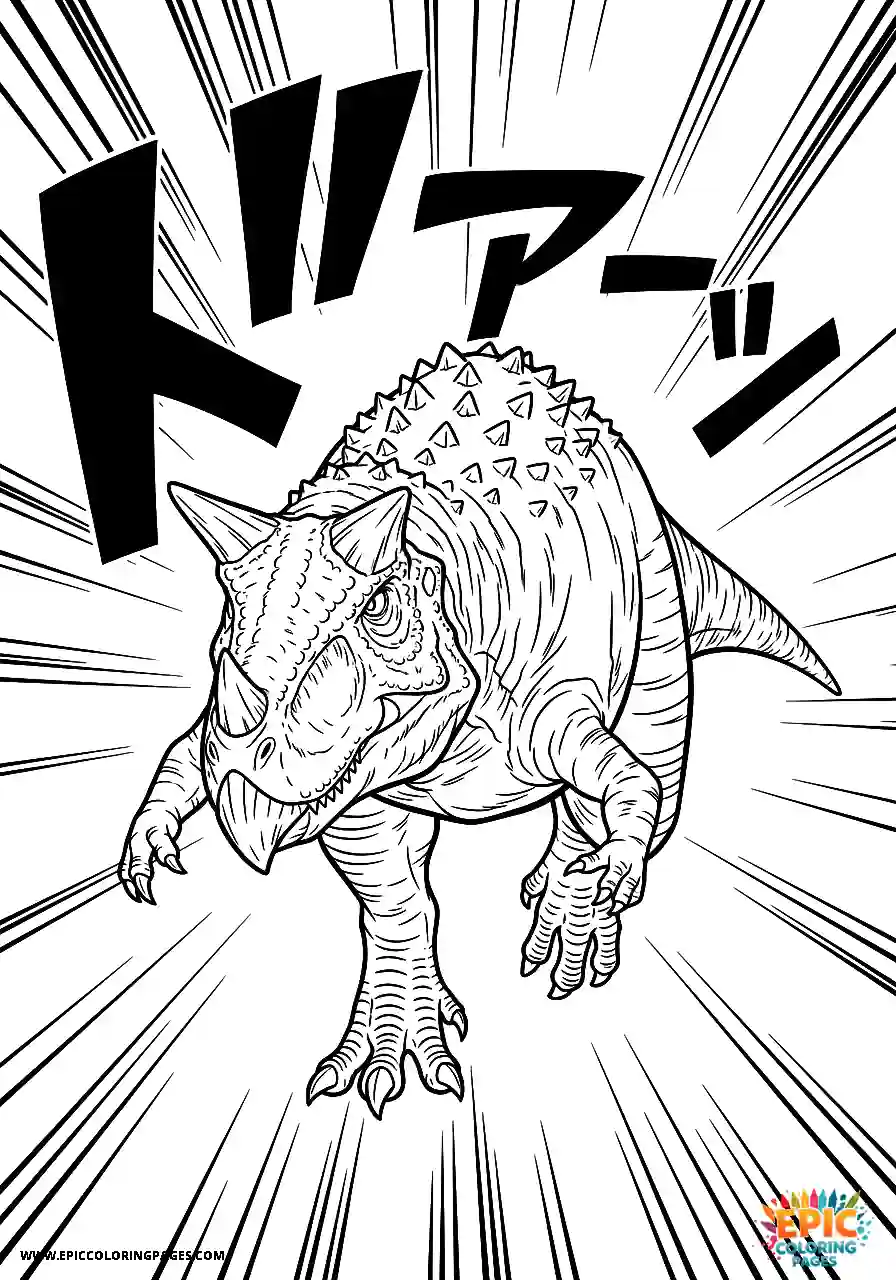 Fast carnotaurus dinosaur moving with dynamic speed lines coloring sheet for kids