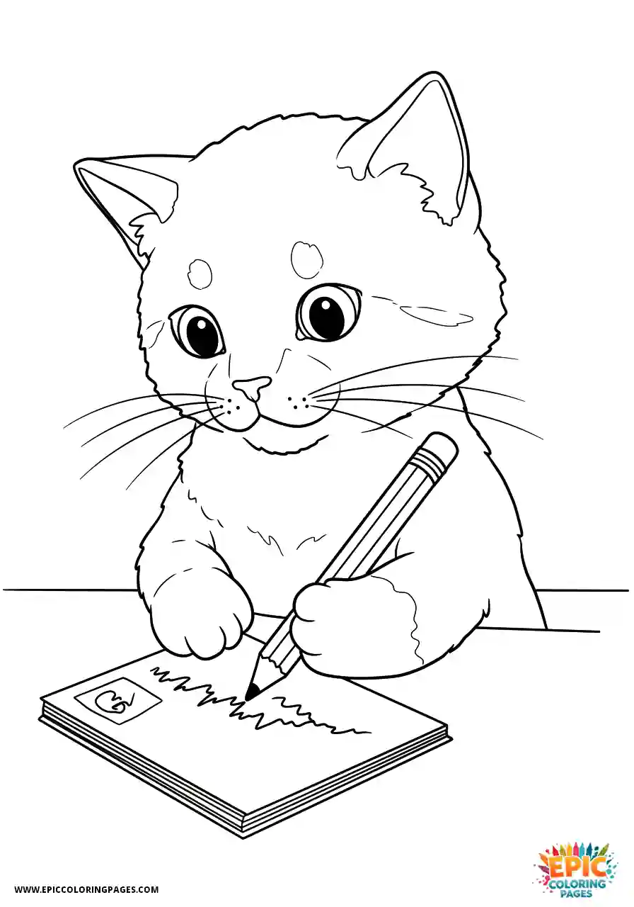American Wirehair Cat Focused kawaii style American wirehair cat writing in a notebook