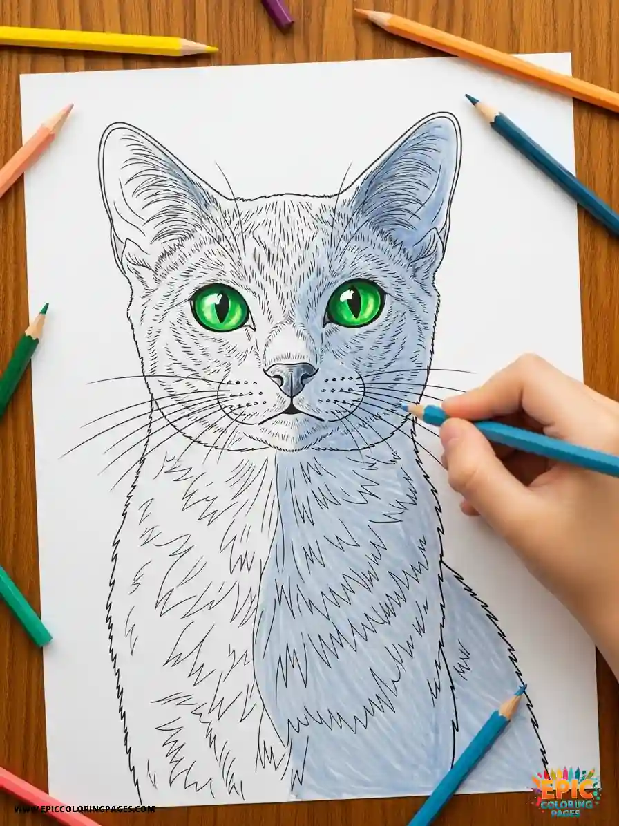 Free printable russian blue cat coloring Pages featuring a playful kitten design with thick lines