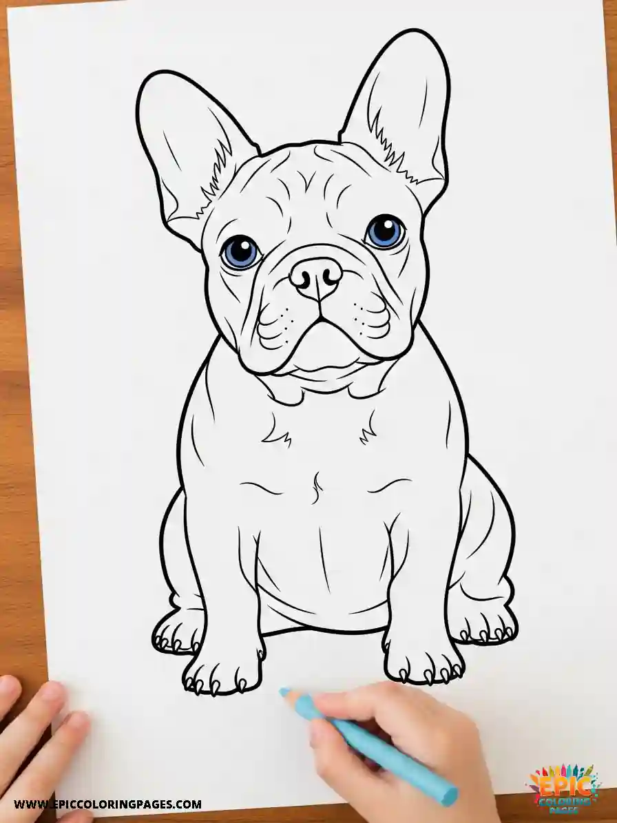 French Bulldog coloring Page showing a happy puppy illustration with distinct thick lines that help children stay within the borders.