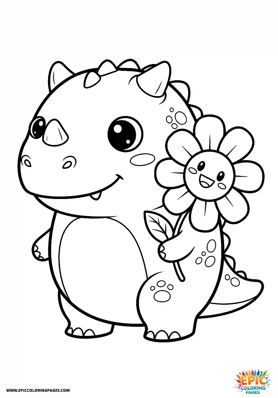 Gentle carnotaurus dinosaur clutching a bloom free printable