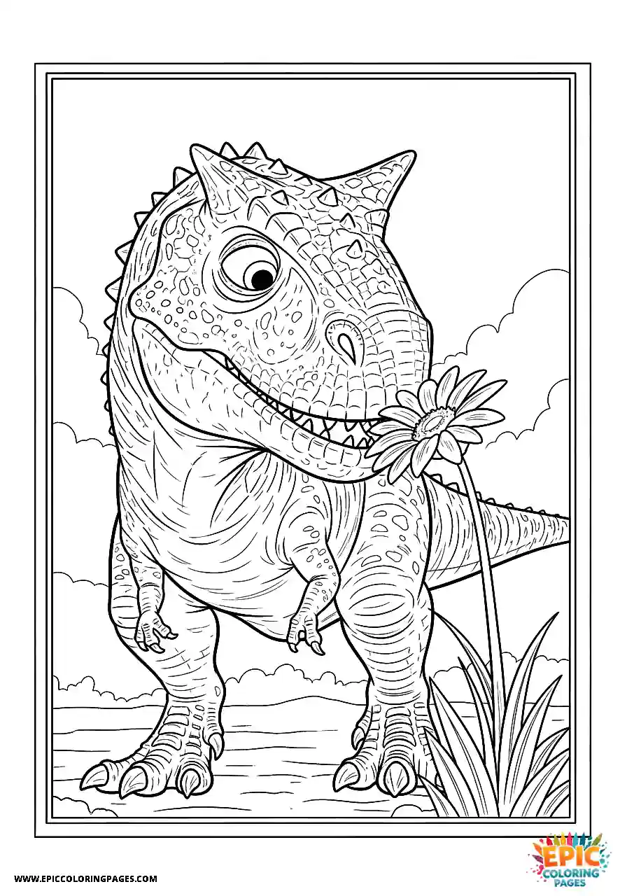 Gentle carnotaurus dinosaur sniffing a flower coloring sheet cute