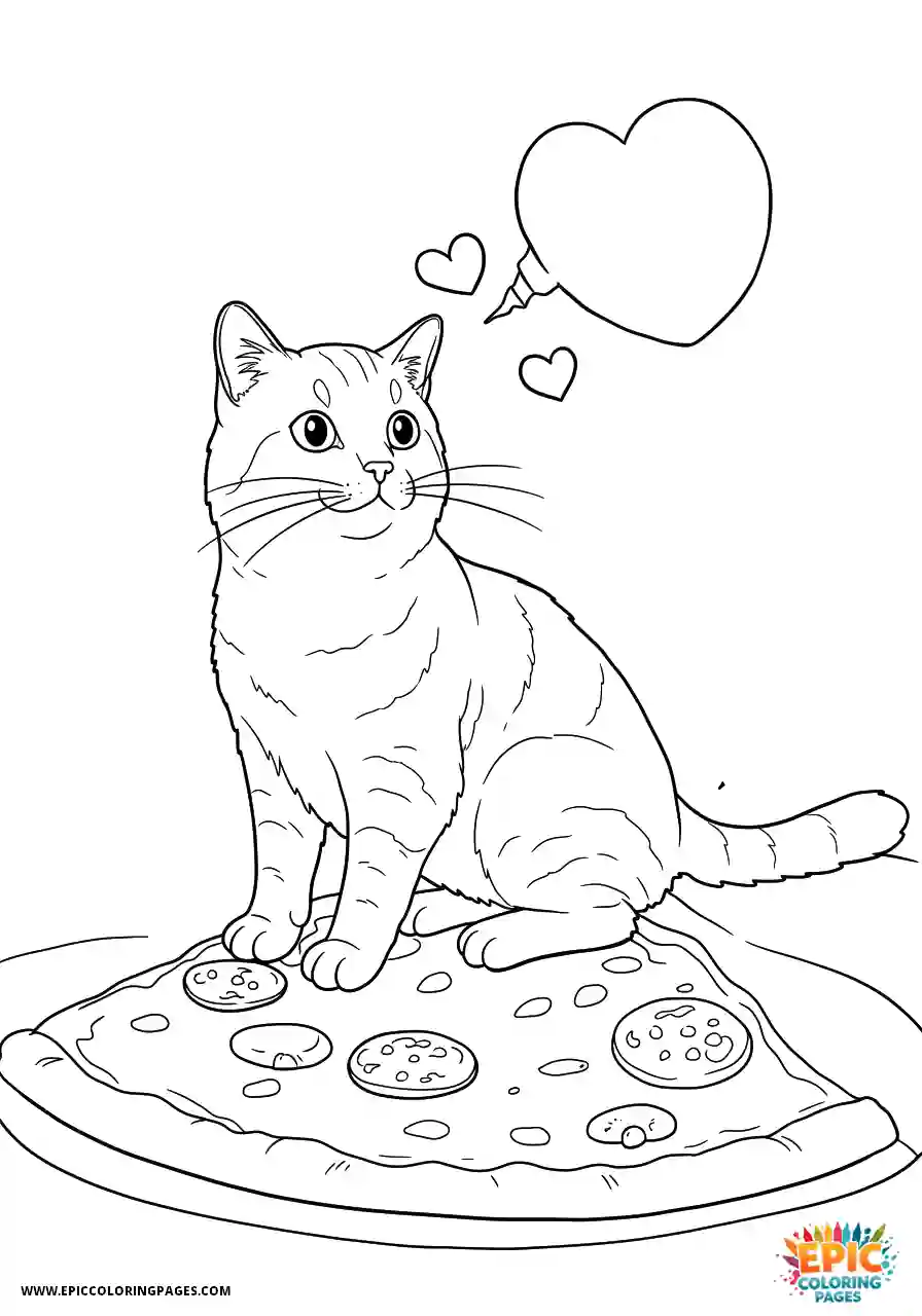 American Wirehair Cat Happy cartoon style American wirehair cat relaxing on a huge slice of pizza