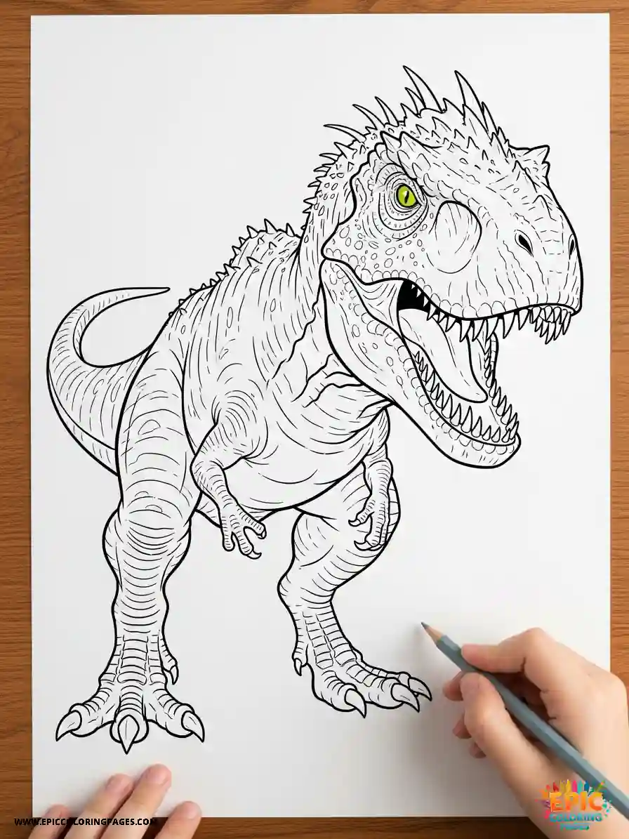 Indominus Rex dinossaur coloring Page with fiery red eyes and a child's hand holding a crayon