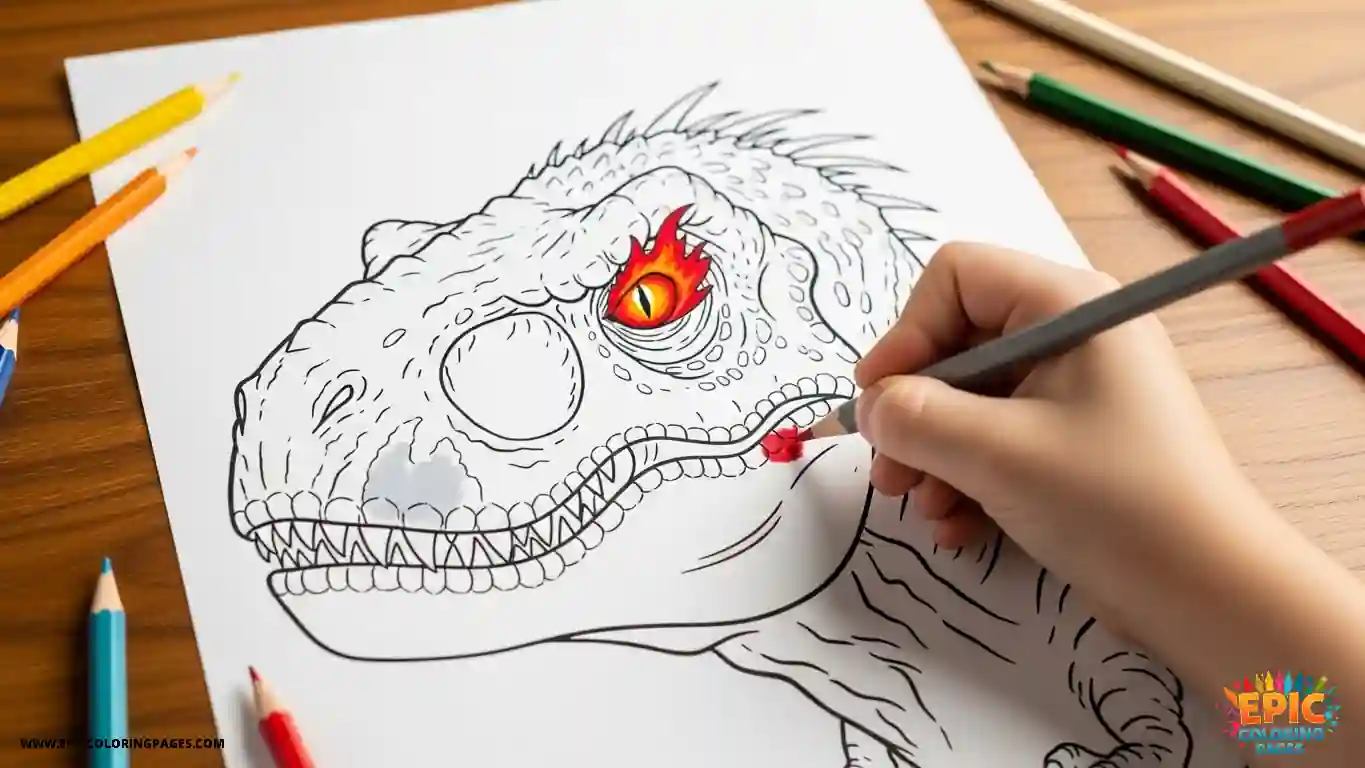 Indominus Rex dinosaur coloring sheet with thick lines on wooden table