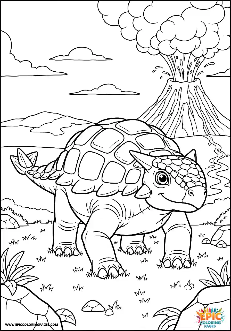 Ankylosaurus Intense anime style Ankylosaurus dinosaur near an erupting volcano