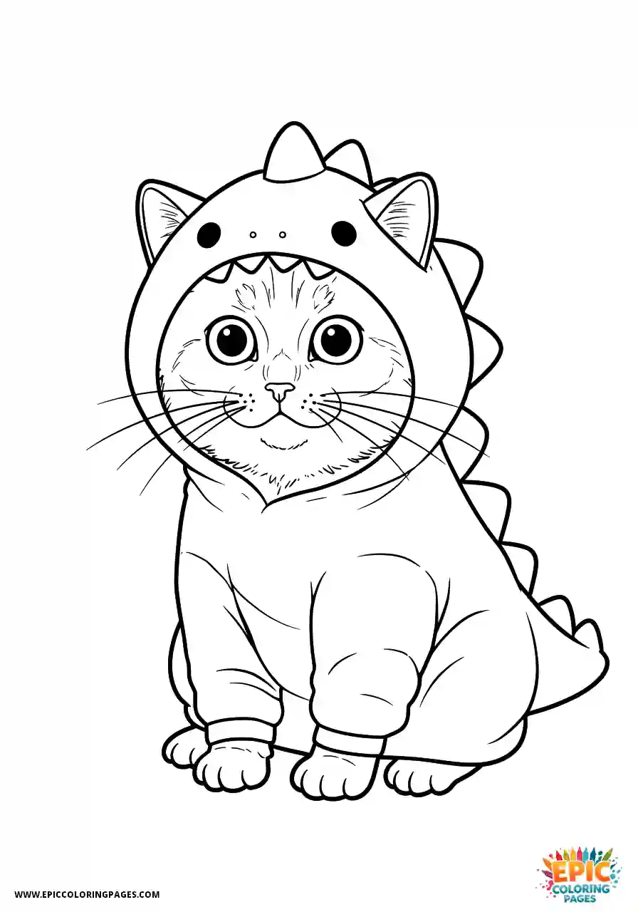 American Wirehair Cat Kawaii style American wirehair cat dressed as a tiny dinosaur with a confused expression