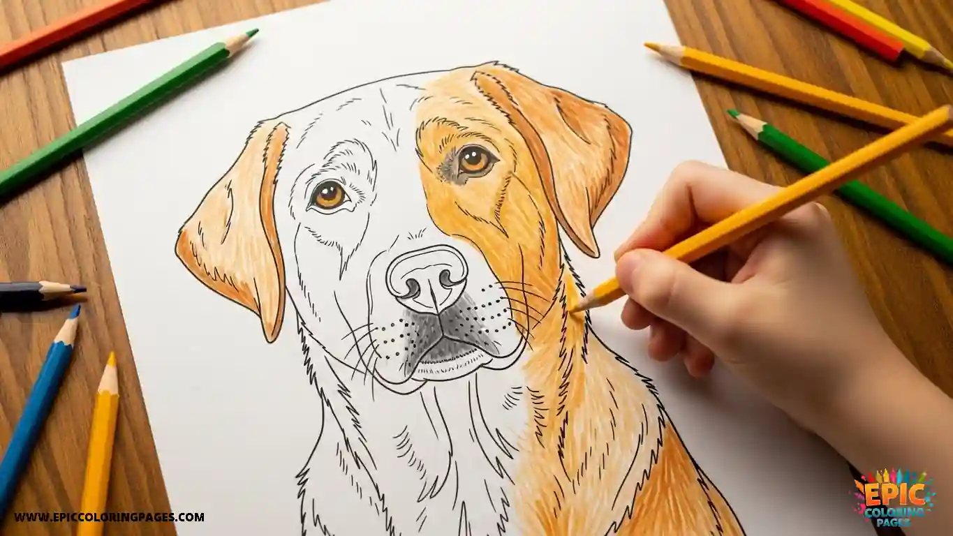 Labrador Retriever coloring Sheet featuring a friendly Labrador Retriever with thick lines, simple shapes, and a clear outline perfect for kids and beginner coloring activities