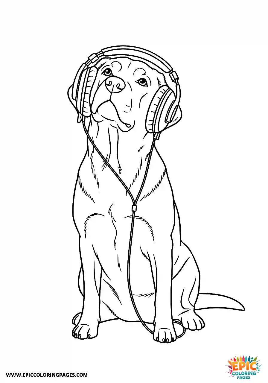 A Labrador Retriever dog coloring page easy anime style listening to music with headphones.