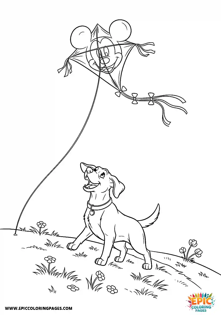 Labrador Retriever Dog Coloring Sheets Easy Cartoon Style Flying A Kite On A Hill A Labrador Retriever dog coloring sheet cartoon style for kids flying a kite on a hill.