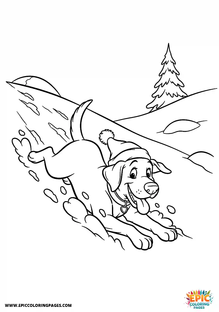 Labrador Retriever Dog Coloring Sheets Easy Cartoon Style Sliding Down A Snowy Hill A Labrador Retriever dog coloring sheet cartoon style easy sliding down a snowy hill.