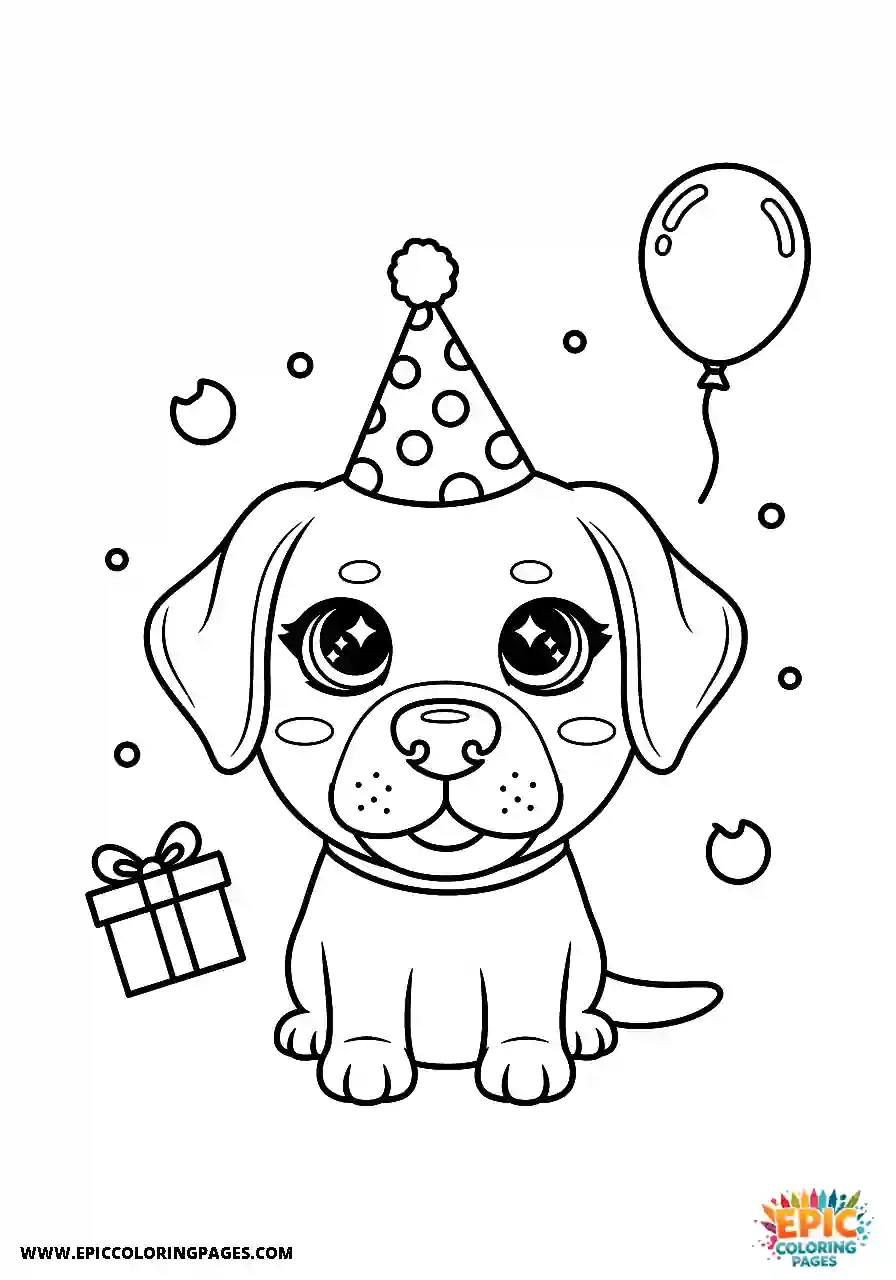 Labrador Retriever Dog Coloring Sheets Easy Cute Kawaii Style Wearing A Birthday Hat A Labrador Retriever dog coloring sheet kawaii style cute wearing a birthday hat.