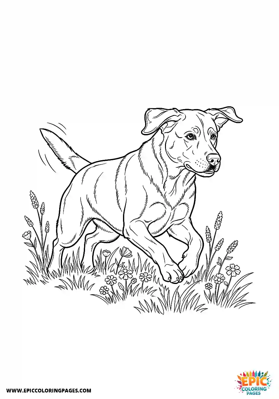 Labrador Retriever Dog Coloring Sheets Realistic Style Bounding Through A Meadow Freely A Labrador Retriever dog coloring sheet realistic style bounding through a meadow freely.