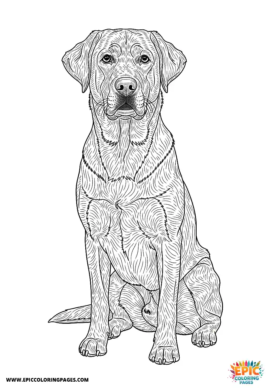 Labrador Retriever Dog Coloring Sheets Realistic Style For Adults In A Three Quarter Angle Sitting Pose A Labrador Retriever dog coloring sheet realistic style for adults in a three quarter angle sitting pose.