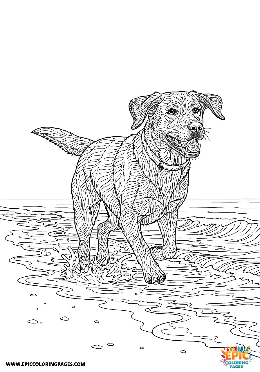 Labrador Retriever Dog Coloring Sheets Realistic Style For Adults Running Along The Beach Shoreline A Labrador Retriever dog coloring sheet realistic style for adults running along the beach shoreline.