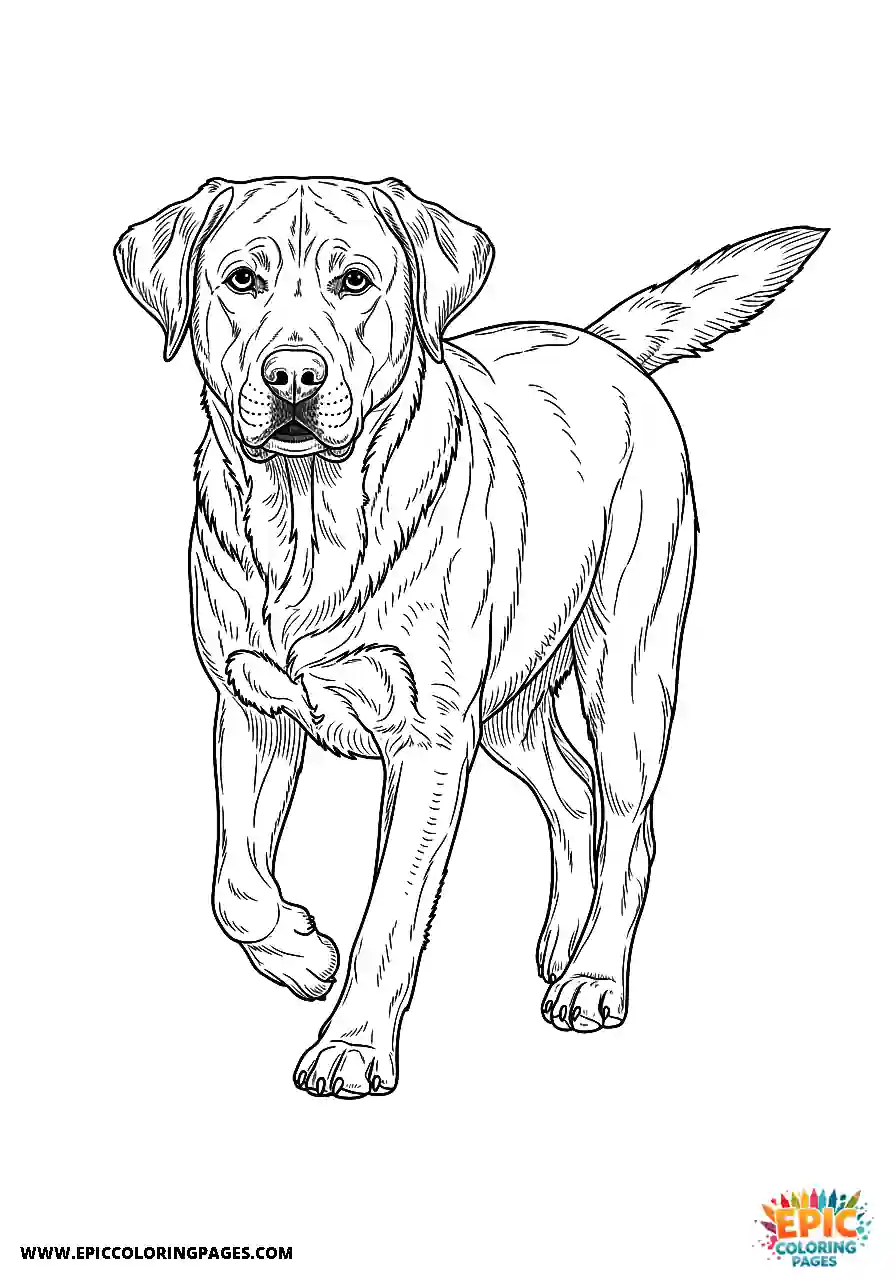 Labrador Retriever Dog Coloring Sheets Realistic Style For Adults Showing Forward Walking Motion A Labrador Retriever dog coloring sheet realistic style for adults showing forward walking motion.