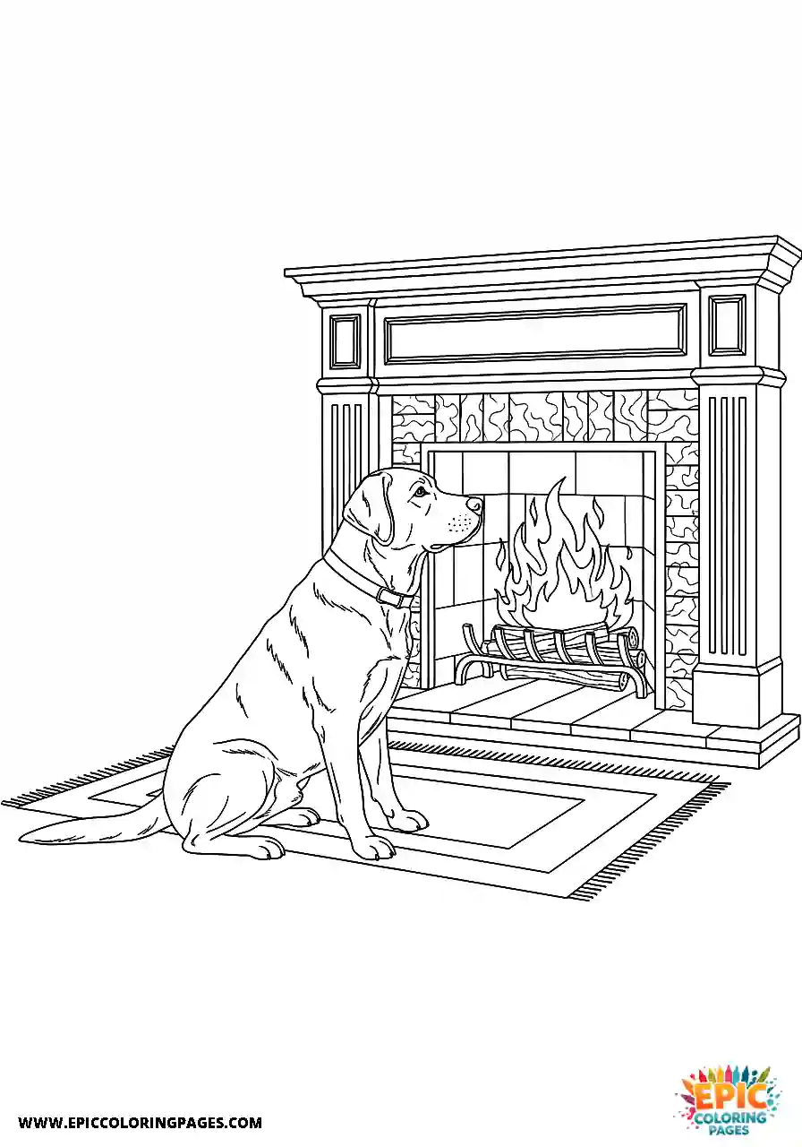 Labrador Retriever Dog Coloring Sheets Realistic Style For Adults Sitting Beside A Fireplace To Warm Up A Labrador Retriever dog coloring sheet realistic style for adults sitting beside a fireplace to warm up.