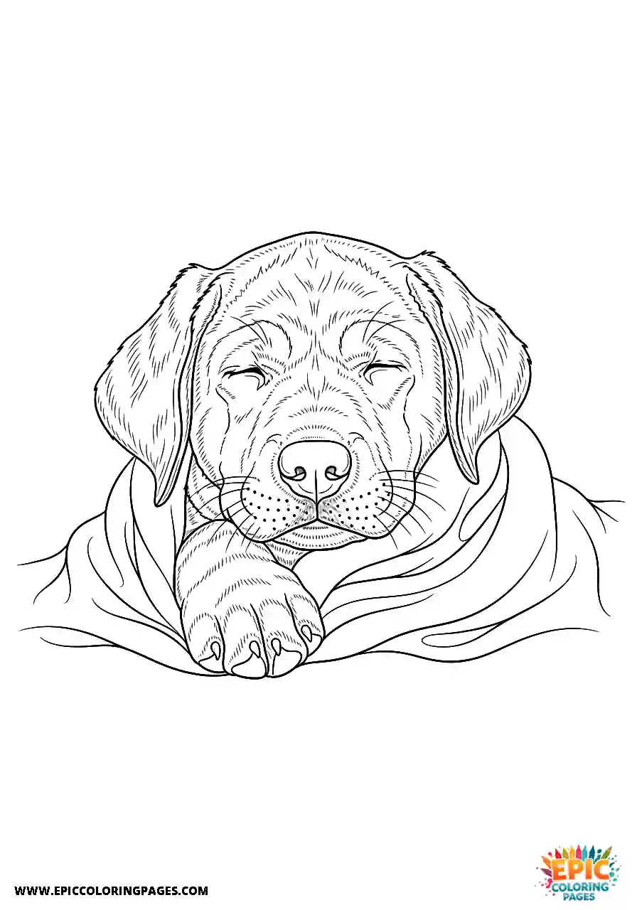 Labrador Retriever Dog Coloring Sheets Realistic Style For Adults Snuggling With A Cozy Blanket A Labrador Retriever dog coloring sheet realistic style for adults snuggling with a cozy blanket.
