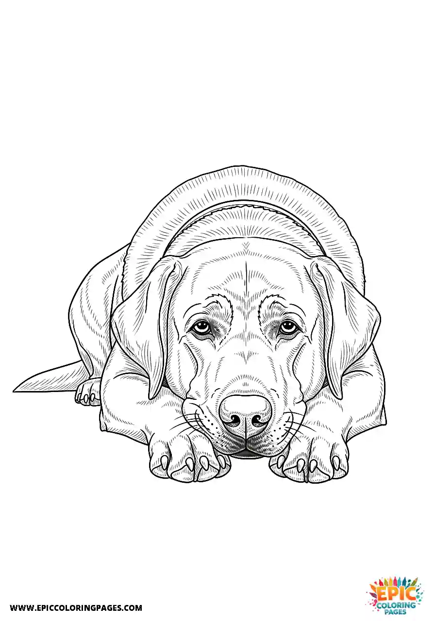 Labrador Retriever Dog Coloring Sheets Realistic Style Resting Its Chin On Its Paws A Labrador Retriever dog coloring sheet realistic style for adults resting its chin on its paws.