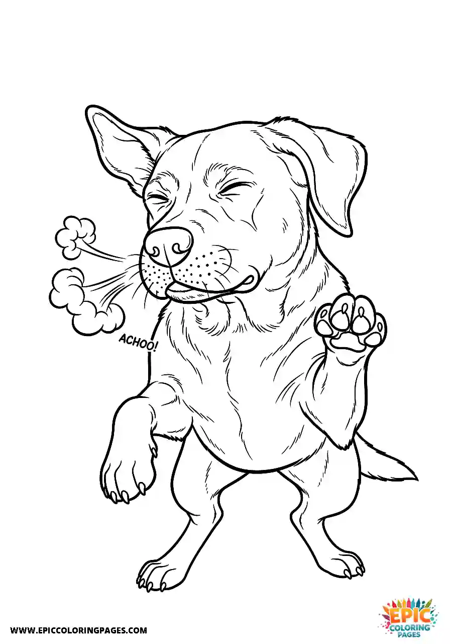 Labrador Retriever Dog Coloring Sheets Realistic Style Sneezing Suddenly A Labrador Retriever dog coloring sheet realistic style sneezing suddenly.