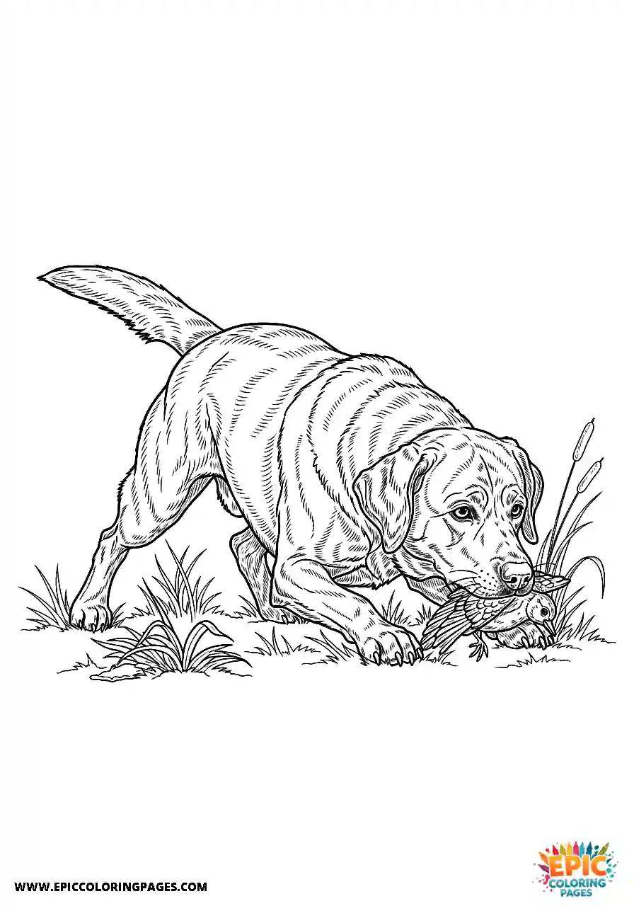 Labrador Retriever Dog Coloring Sheets Realistic Style Stalking Prey With Hunting Instinct A Labrador Retriever dog coloring sheet realistic style for adults stalking prey with hunting instinct.