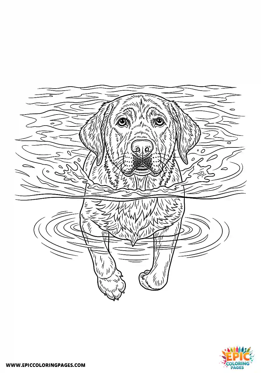 Labrador Retriever Dog Coloring Sheets Realistic Style Swimming Gracefully Through The Water A Labrador Retriever dog coloring sheet realistic style for adults swimming gracefully through the water.