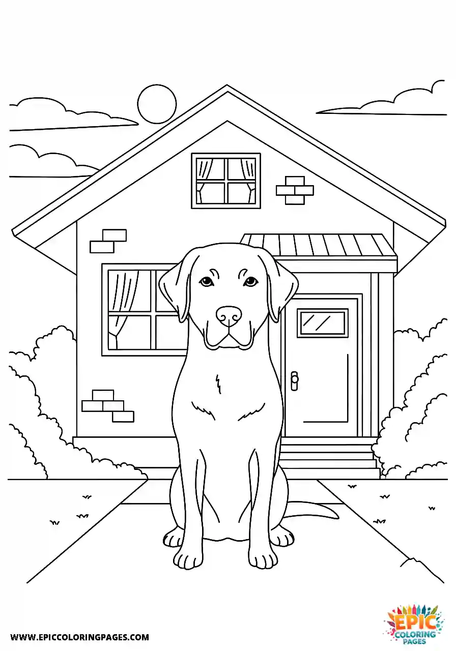 Labrador Retriever Dog Coloring Sheets Simple Anime Style Guarding The House At Night A Labrador Retriever dog coloring sheet simple anime style guarding the house at night.