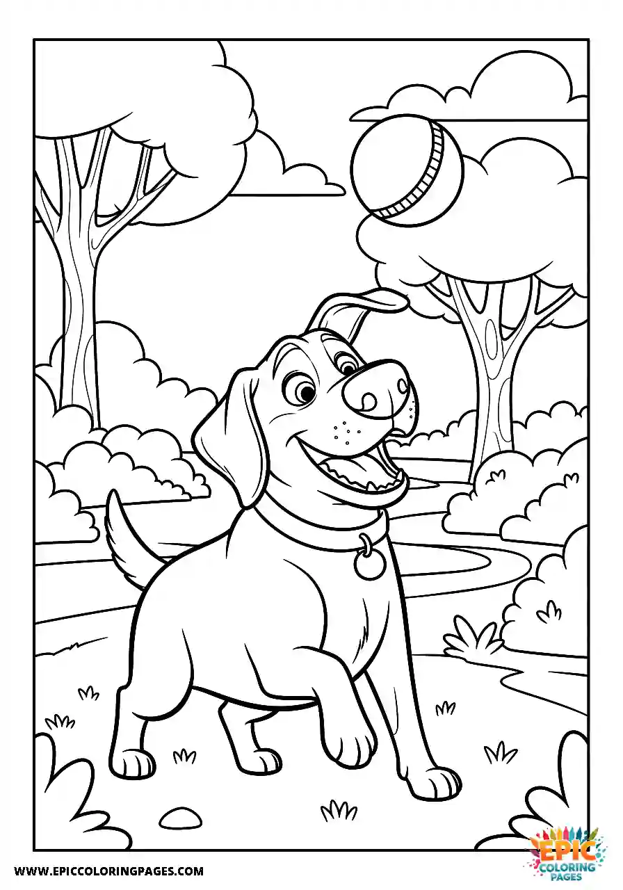 Labrador Retriever Dog Coloring Sheets Simple Cartoon Style Playing Fetch In The Park A Labrador Retriever dog coloring sheet simple cartoon style playing fetch in the park.
