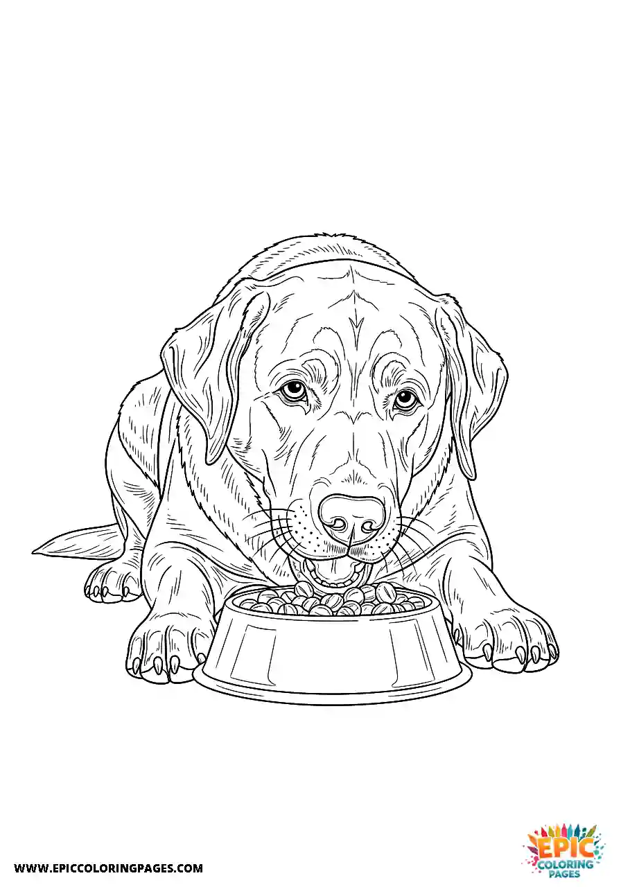 Labrador Retriever Dog Devouring Food From A Dish A Labrador Retriever dog coloring page simple devouring food from a dish.