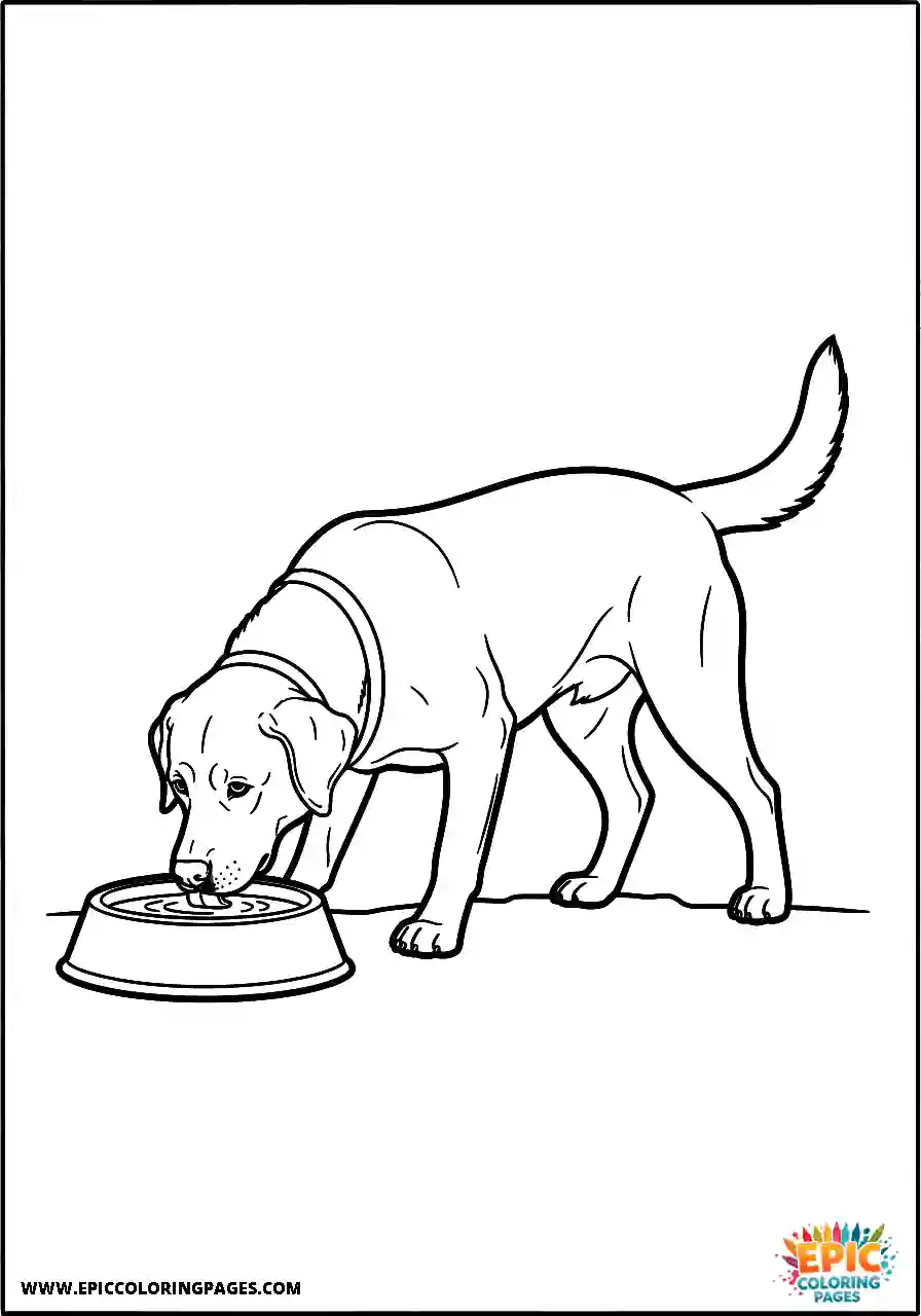 Labrador Retriever Dog Drinking Water From A Bowl A Labrador Retriever dog coloring page drinking water from a bowl with thick lines.