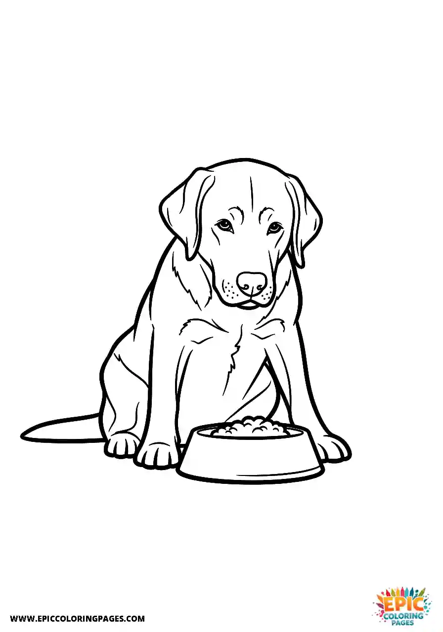 Labrador Retriever Dog Enjoying A Meal From A Dish A Labrador Retriever dog coloring sheet for kids enjoying a meal from a dish.
