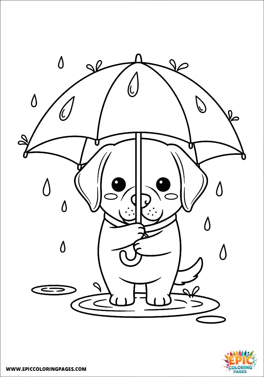Labrador Retriever Dog Kawaii Style Holding An Umbrella In The Rain A Labrador Retriever dog coloring page kawaii style for kids holding an umbrella in the rain.