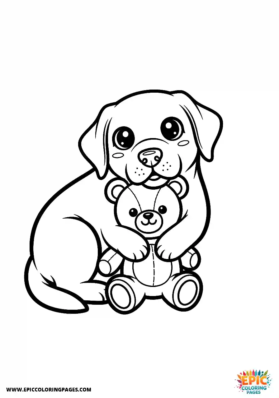 Labrador Retriever Dog Kawaii Style Hugging A Stuffed Toy Tightly A Labrador Retriever dog coloring sheet kawaii style simple hugging a stuffed toy tightly.