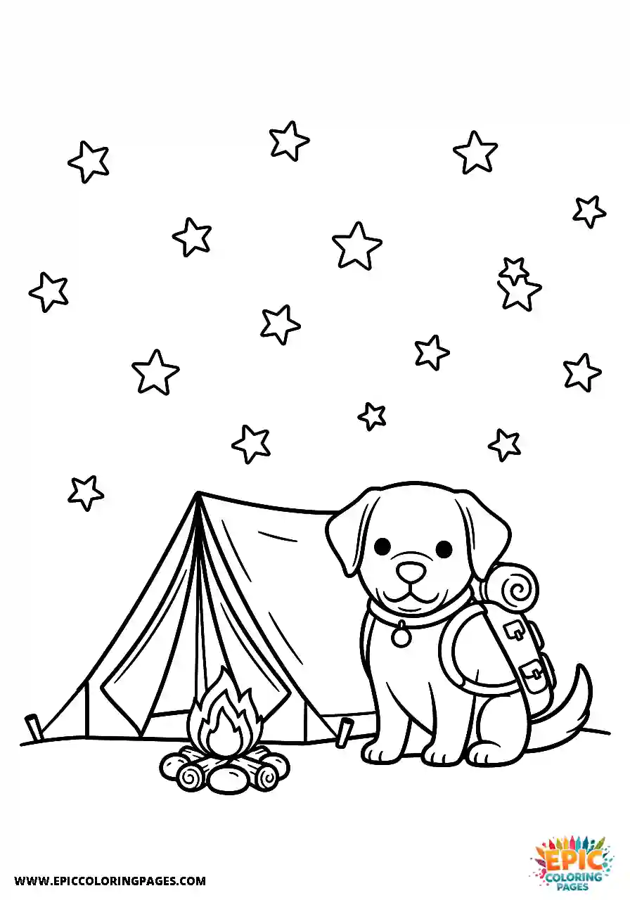 Labrador Retriever Dog Kawaii Style Sleeping In A Tent At Night A Labrador Retriever dog coloring sheet kawaii style sleeping in a tent at night with thick lines.