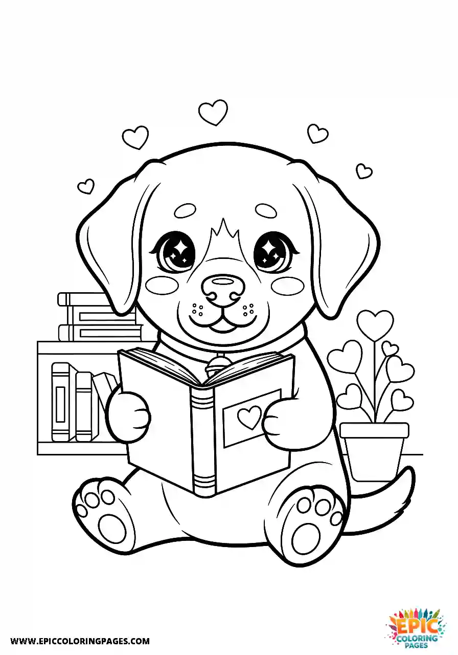 Labrador Retriever Dog Kawaii Style Studying With An Open Book A Labrador Retriever dog coloring page kawaii style easy studying with an open book.