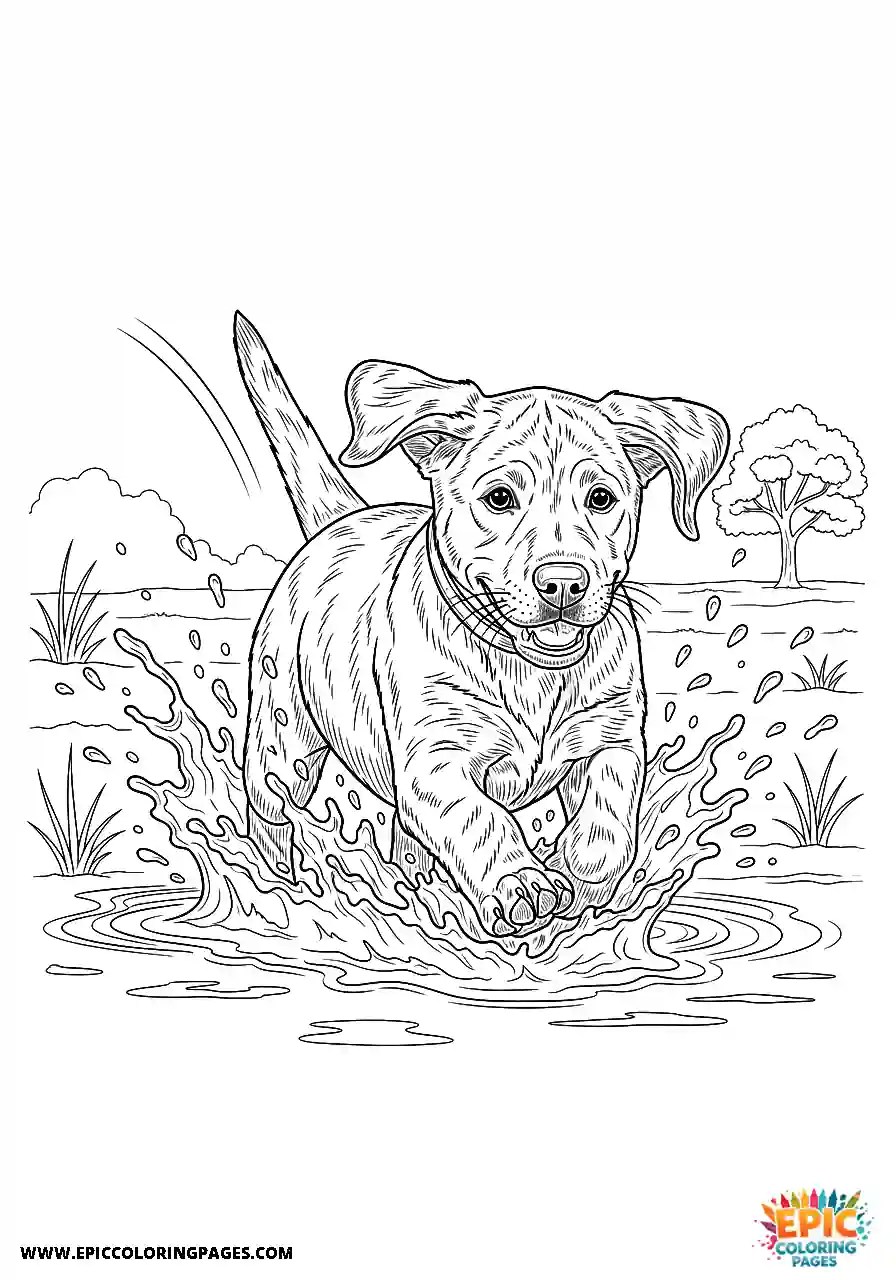 Labrador Retriever Dog Making A Mess While Playing In Water Puddles A Labrador Retriever dog coloring sheet cute making a mess while playing in water puddles.